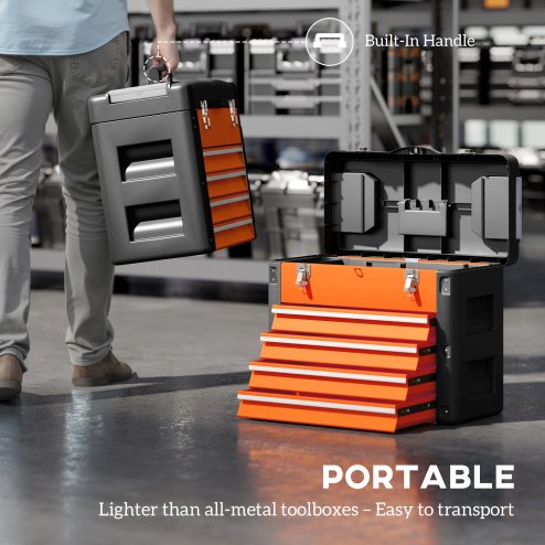 HOMCOM 4 Drawers Large Tool Box, Powder Coated Steel Toolbox with Top Tray, Mini Parts Boxes, Ball Bearing Runners, Handle, Heavy Duty Tool Chest for Workshop, Garage, 497mm x 253mm x 407mm, Orange