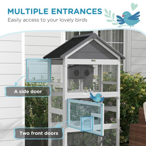 PawHut Wooden Bird Cage Budgie cage, Bird Aviary Outdoor Birdhouse for Finches, Parakeets - Grey
