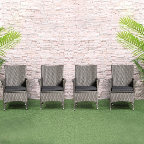 Outsunny 4 Pieces Outdoor PE Rattan Dining Chairs Set with Cushion, Garden Armchair with Armrests, High Backrest, Metal Frame Patio Wicker Furniture, Grey