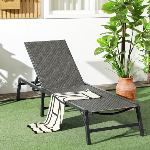 Outsunny Foldable Outdoor PE Rattan Sun Lounger, Patio Wicker Recliners Lounge Chair w/ 5-Level Adjustable Backrest, for Poolside, Garden, Grey