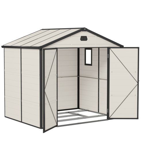 Outsunny 8 x 6ft Plastic Garden Storage Shed with Foundation Kit, Polypropylene Outdoor Storage Tool House with Ventilation Slots and Lockable Door, Cream White