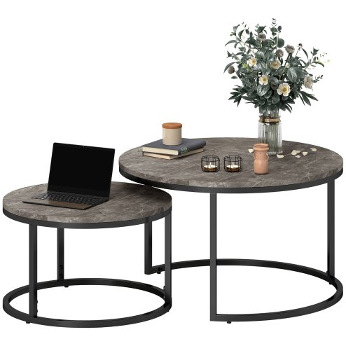 HOMCOM Round Nesting Coffee Table Set of 2, Large Stacking End Side Table with Steel Frame for Living Room, Bedroom, Home Office, 78.5 x 78.5 x 46.5 cm, Marble Dark Grey