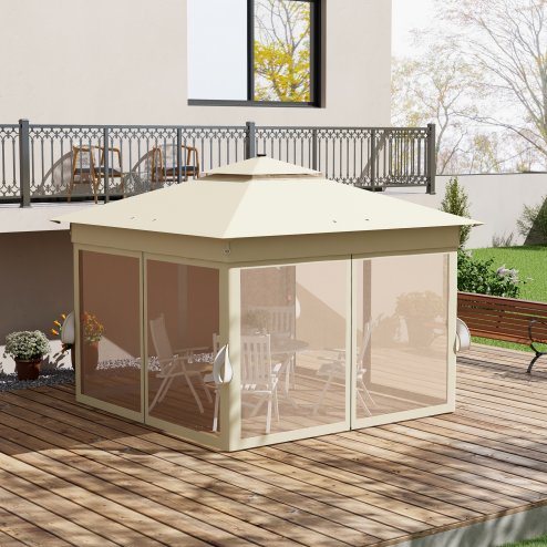 Outsunny 3 x 3(m) Pop Up Gazebo with Sides, 20 Solar-Powered LED Lights, Netting, Roller Bag, 4 Weight Bags, Marquee Party Tent, Height Adjustable Instant Event Shelter, Khaki
