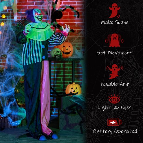HOMCOM 173cm Laughing Clown Outdoor Halloween Decoration, Animated Halloween Prop with Light Up Eyes, Sound Effects, Sound Activated for Haunted House