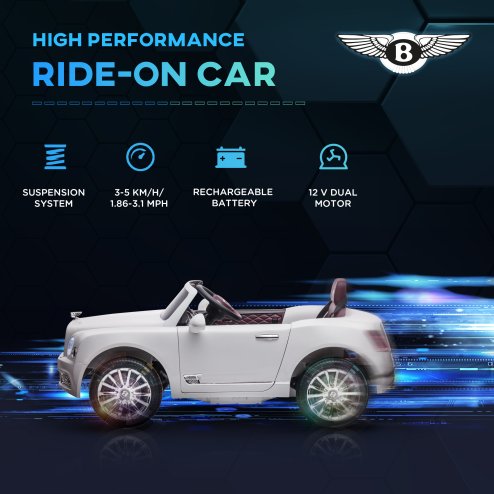 HOMCOM Bentley Mulsanne Licensed Kids Electric Ride On Car 12V Powered Toy Car w/ Remote Control, Music, Horn, Lights, MP3 Slot, Suspension Wheels, for Ages 3-6 Years - White
