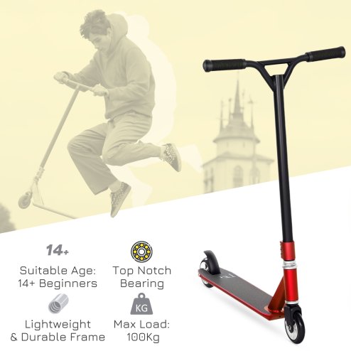 HOMCOM Stunt Scooter, 360 Entry Level Tricks Scooter w/ Lightweight Aluminium Deck and ABEC 7 Bearing, For Age 14+ Beginners, Red