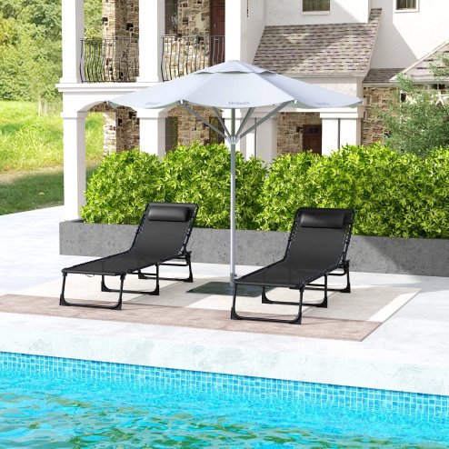 Outsunny 2 Piece Foldable Sun Lounger, Outdoor 4 Level Adjustable Backrest Reclining Chaise Chair, Steel Frame Recliner Chair for Camping, Hiking, Black
