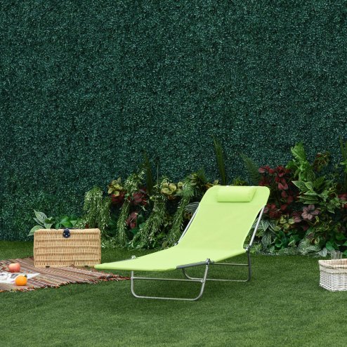 Outsunny Outdoor Foldable Sun Lounger, Adjustable Backrest Garden Recliner Sun Lounger Chair with Headrest Pillow, Green