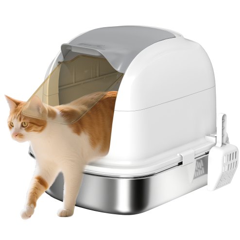 PawHut Stainless Steel Cat Litter Tray with Lid, High-Sided XL Enclosed Metal Litter Box for Big Cats with Scoop, Flip-Cover, Easy Clean