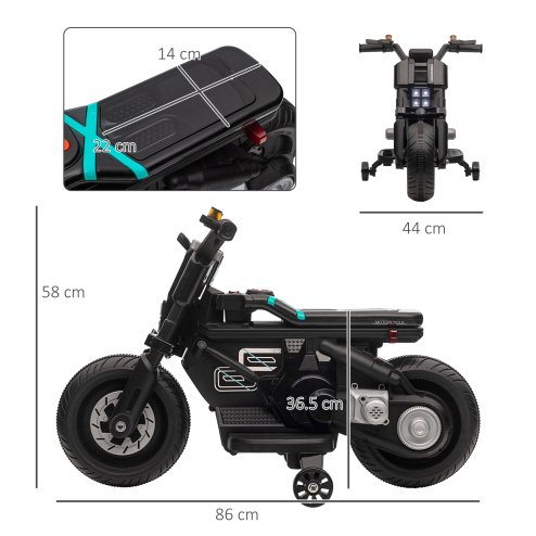 HOMCOM 6V Kids Electric Ride On Motorcycle Vehicle w/ Siren, Horn, Headlights, Music, Training Wheels, for Outdoor Play, Ages 3-5 Years - Black