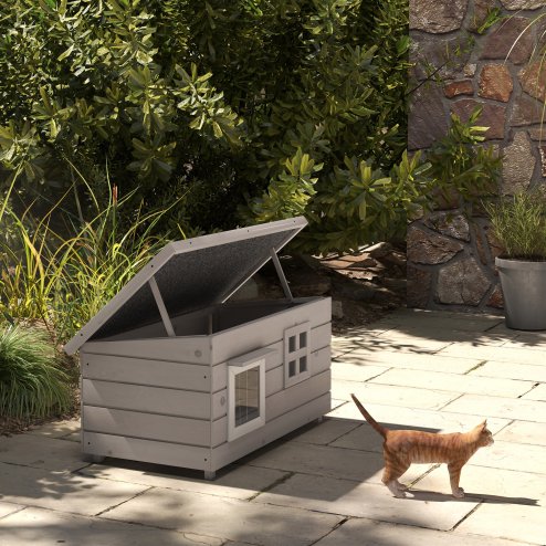 PawHut Outdoor Wooden Cat House, Elevated Cat Shelter Kennel, Pet Play House with Openable Top, Asphalt Roof, Window, 87 x 52 x 44 cm, Grey