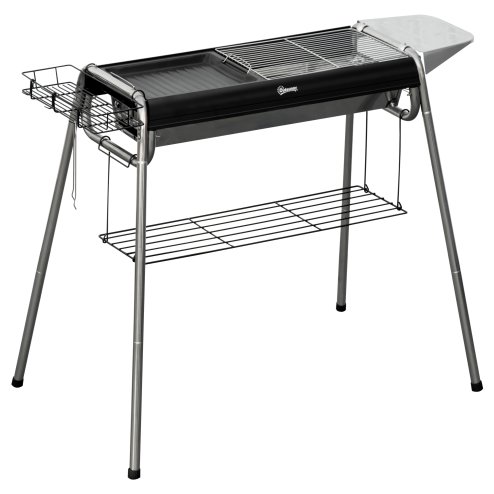 Outsunny Portable Charcoal Barbecue BBQ Grill with Griddle Plate, Easy Assembly, Stainless Steel Cooker with Seasoning Baskets, Storage Shelves and Hooks for Camping Picnic Hiking Garden Party
