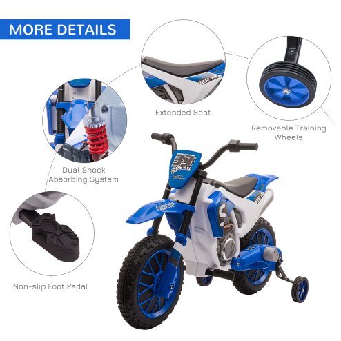 HOMCOM Kids Electric Motorbike, 12V Battery Powered Kids Motorbike for Boys and Girls with Training Wheels, Start-up Button, Pedal, for Ages 3-5 Years - Blue