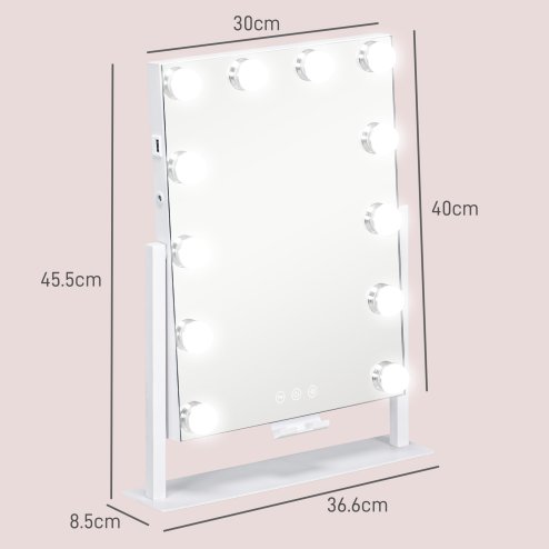 HOMCOM Hollywood Vanity Mirror with Lights, 37x46 cm Lighted Makeup Mirror with 3 Colour, 12 LED Bulbs, 10X Magnifying, USB Charging Port, Phone Holder, 360 Rotation, Touch Screen
