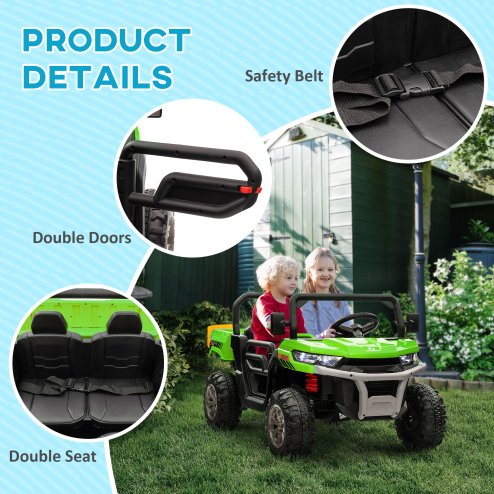 HOMCOM 2 Seater Kids Ride On Car with Electric Bucket, 12V Battery Powered Electric UTV with Shovel, Parental Remote, 4 Spring Suspension Wheels, Working Horn, Music - Green