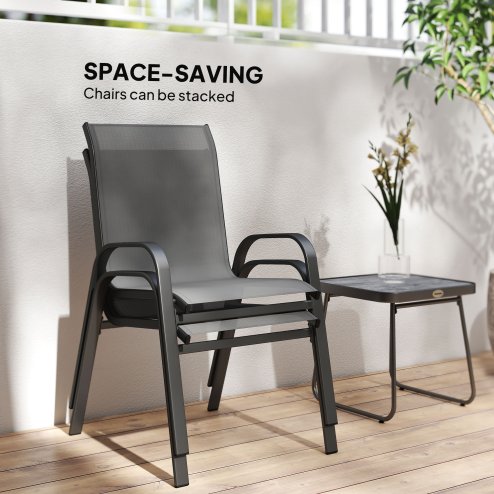 Outsunny 3 Pieces Outdoor Bistro Set, Patio Stackable Armchairs with Breathable Mesh Fabric and SPC Board Coffee Table, Light Grey