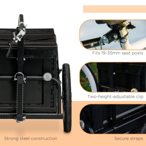 HOMCOM Bike Trailer, Bicycle Cargo Trailer Wagon Cart with 65L Foldable Storage Box, Pneumatic Tyres and Safe Reflectors, Max Load 40KG, Black
