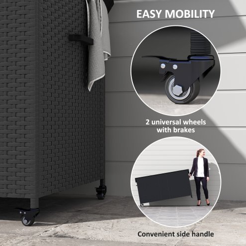 Outsunny 627 L Rattan Garden Storage Box, Outdoor Garden Cushion Storage Box with Gas Lift Lid and Wheels, Outdoor Rattan Chest Container for Cushions, Pillows and Tools, Black