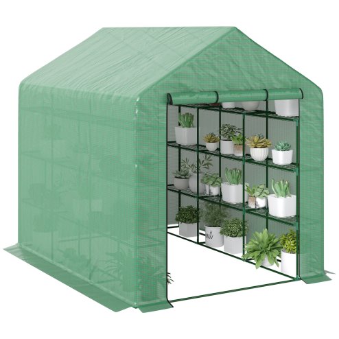Outsunny Walk-in Greenhouse with 4 Tier 24 Shelves, Portable Grow House with Roll-up Zipped Door, 244 x 180 x 210cm, Green