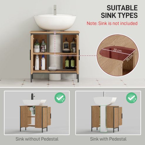 HOMCOM Under Sink Bathroom Cabinet, Industrial Freestanding Under Sink Cabinet with 2 Doors, Adjustable Shelf and Steel Frame for Basin without or with Pedestal, Oak