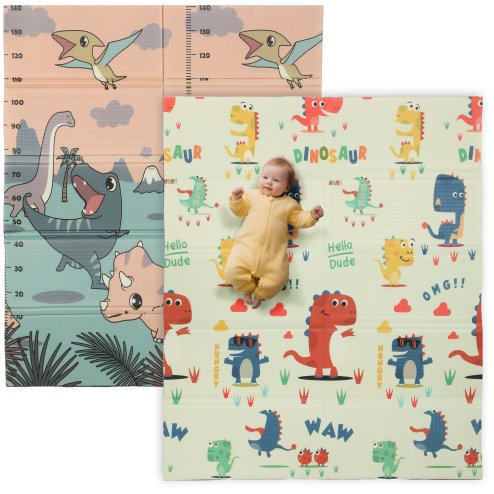 AIYAPLAY Baby Play Mat Double Sided, Foldable & Reversible Activity Playmat, Waterproof Kids Foam Crawling Mat for Outdoor Indoor Playtime Picnics, 177 x 146 x 1.5cm, Dinosaur Theme