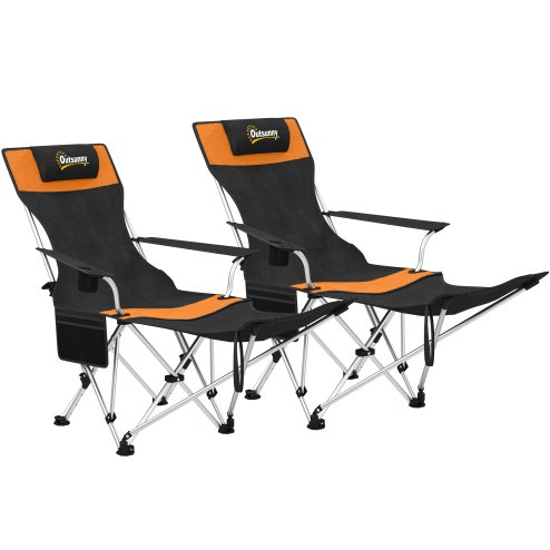 Outsunny Set of 2 Reclining Folding Camping Chair w/ Detachable Footrest, Storage Bag, Cup Holder & Headrest, Lightweight Portable Camp Chair for Beach, Picnic, Orange and Black