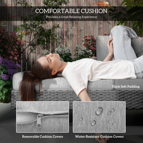 Outsunny 3 Pieces Rattan Garden Furniture Set, Wicker Garden Sofa Set with 3-Seater Sofa, Loveseat, Coffee Table, Side Table & Cushions, 5-Seater Outdoor Furniture Set, Light Grey