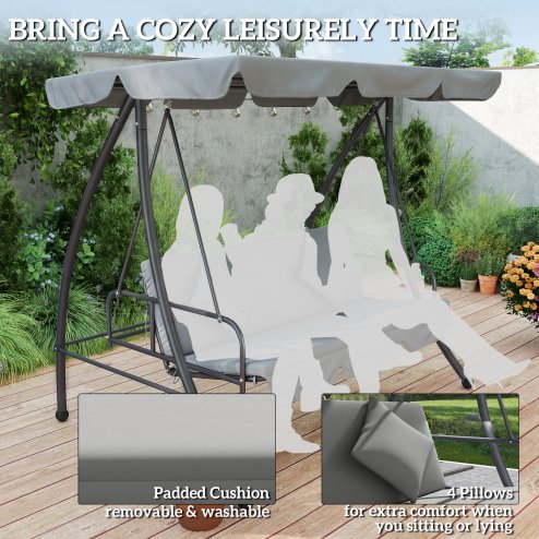 Outsunny Outdoor 2-in-1 Swing Chair Lounger 3 Seater Garden Swing Seat Bed Hammock Bed Convertible Tilt Canopy W/ Cushion, Light Grey