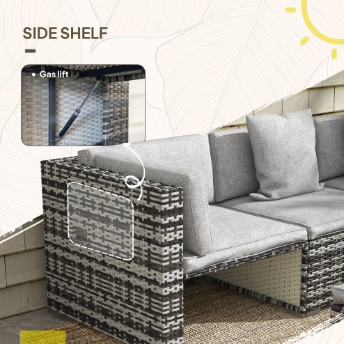 Outsunny 7 Pieces PE Rattan Garden Sofa Set Patio Furniture Set with Glass Table, Stools, Cushions, Pillows, for Outdoor Balcony, Mixed Grey