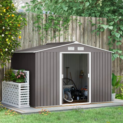 Outsunny 9 x 6ft Metal Garden Shed, Outdoor Storage Tool House with Ventilation Slots, Foundation Kit and Lockable Double Doors, Grey