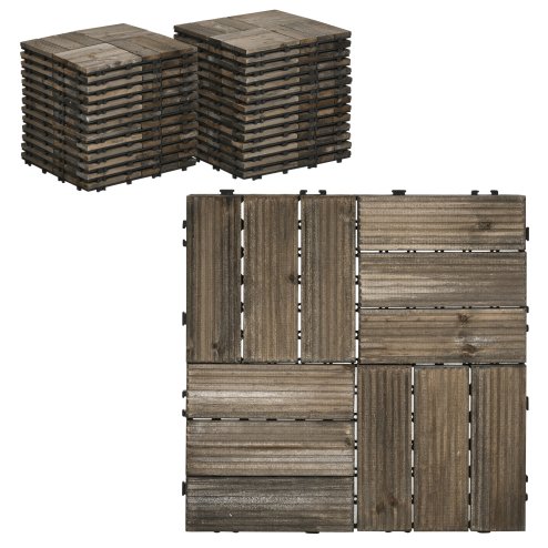 Outsunny 27 Pcs Wooden Interlocking Decking Tiles, Outdoor Flooring Tiles for Patio, Balcony, Terrace, Hot Tub, 30 x 30 cm per Piece, 2.5m² per Pack, Charcoal Grey