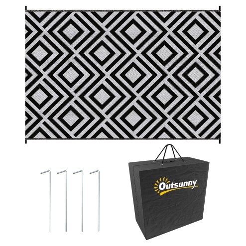 Outsunny Reversible Outdoor Rug with Carry Bag, Waterproof Plastic Straw Mat for Garden, Deck, RV, Picnic, Beach, Camping, 182 x 274cm, Black & White