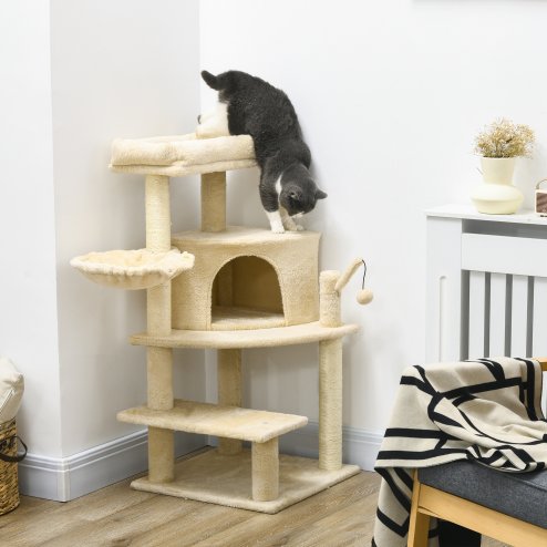 PawHut Cat Tree Tower for Indoor Cats Cat Scratching Post 100cm Climbing Frame Kitten Activity Centre with Sisal Condo Hammock Bed Hanging Toy, Cream White