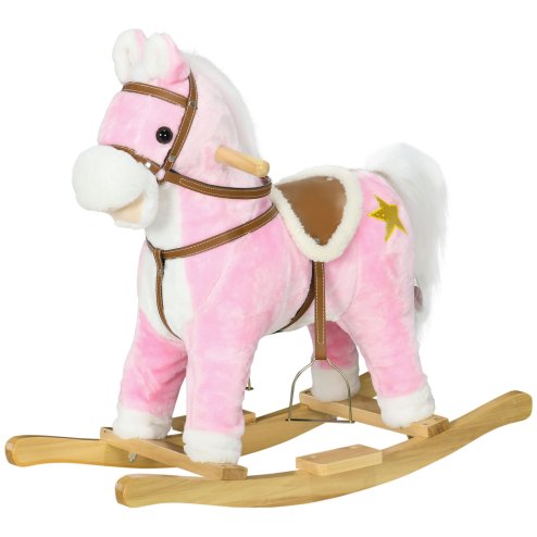 HOMCOM Kids Rocking Horse, Plush Ride On Horse with Music, Sound, Saddle, Wooden Base, Ride On Toy for Ages 3-6 Years - Pink Image