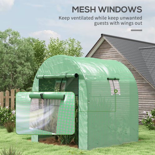 Outsunny 1.8 x 1.8 x 2m Polytunnel Greenhouse with Doors and Mesh Windows, Walk-in Grow House Tent with UV-resistant PE Cover and Steel Frame, Green