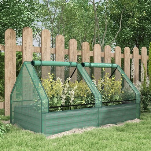 Outsunny Raised Garden Bed with Mini Greenhouse, Outdoor Metal Planter Box with Cover, for Herbs and Vegetables, Use for Patio, Garden, Balcony, Green and Dark Grey