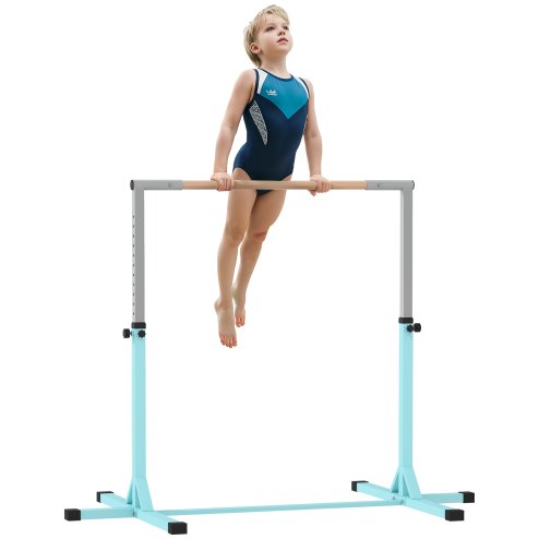 HOMCOM Height Adjustable Gymnastics Horizontal Bar For Kids Home Gym Training Children Junior Kip High Bar Fitness, Light Blue Image