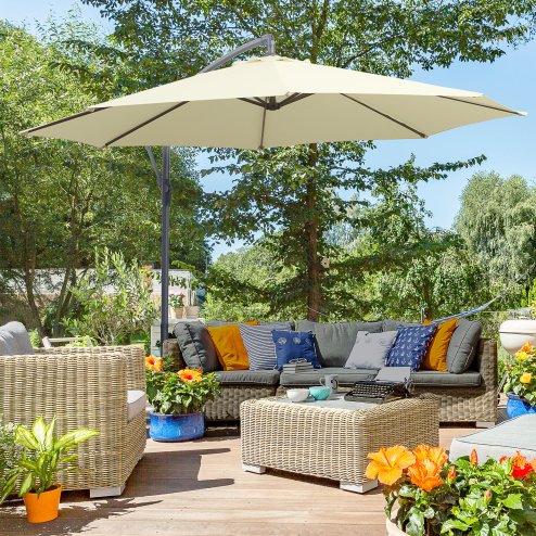 Outsunny 3(m) Garden Cantilever Parasol Patio Banana Hanging Umbrella Sun Shade with Crank and Tilt, 8 Ribs and Cross Base, Beige