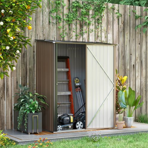 Outsunny 5ft x 3ft Lean to Garden Shed, Metal Outdoor Storage Shed with Single Lockable Door, Tool Storage Shed for Garden, Patio, Brown