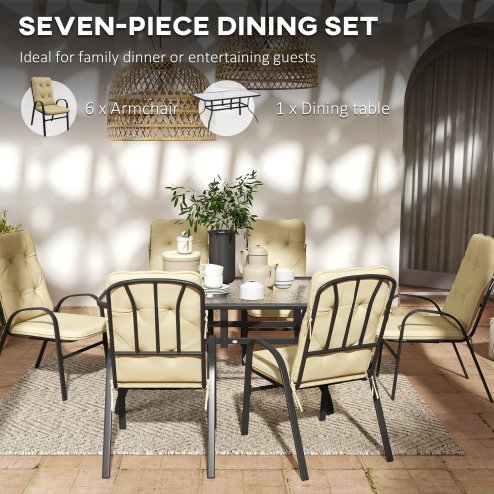 Outsunny 7 Pieces Garden Dining Set, Outdoor Rectangular Dining Table and 6 Cushioned Armchairs, Tempered Glass Top Table w/ Umbrella Hole, Texteline Seats, Beige