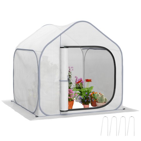 Outsunny Mini Pop Up Greenhouse with Reinforced PE Cover, Foldable Small Greenhouse with Zipper Door for Indoor Outdoor, 150 x 148 x 148 cm, White