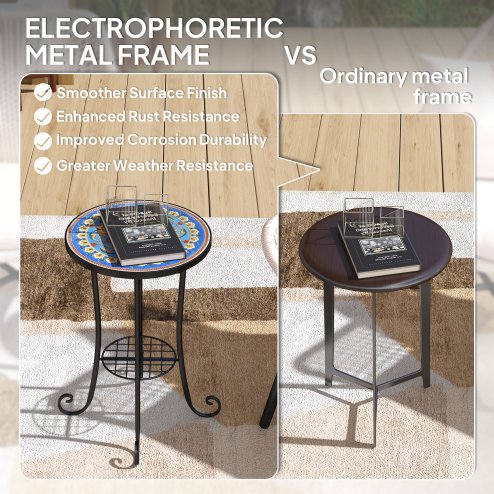 Outsunny Mosaic Garden Table, 35.5 cm Round Outdoor Table with Shelf, Ceramic Tile Top, Small Garden Side Table Bistro Table End Table Plant Stand for Indoor, Patio, Balcony, Blue