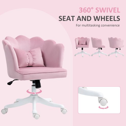 HOMCOM Velvet Office Chair with Petal Shell Back and Lumbar Pillow, Armless Desk Chair with Wide Seat and Tilt Function, Height Adjustable Swivel Makeup Vanity Chair for Bedroom, Pink