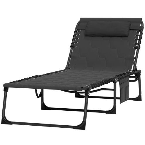 Outsunny Foldable Sun Lounger Set with 5-level Reclining Back, Outdoor Tanning Chairs Sun Loungers with Build-in Padded Seat, Side Pocket, Headrest for Beach, Patio, Black