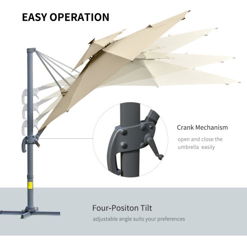 Outsunny 3(m) Cantilever Roma Parasol with LED Solar Lights, Crank & Tilt, Aluminium Frame, Cross Base and Adjustable Canopy 360° Rotating Sun Umbrella with 2-Tier Shade, Beige