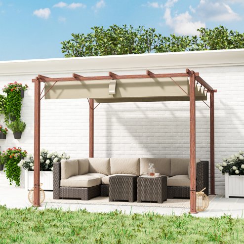 Outsunny 3 x 3(m) Garden Pergola with Retractable Roof Canopy and Wood Grain Aluminium Frame, Outdoor Gazebo Pergola Kit, UPF30+ Sun Shade Shelter for Deck, Porch, Natural Wood Finish