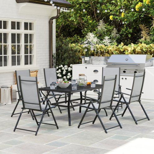 Outsunny 7 Pieces Garden Dining Set, 6 Seater Garden Furniture Set with Parasol Hole, Outdoor Dining Set with High Back Folding Chairs and Square Metal Top Table for Outdoor Patio, Grey