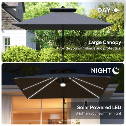 Outsunny 2.5m Cantilever Parasol with Solar Powered LED Lights, Double Top Square Overhanging Garden Parasol with 360?? Rotation, Tilt Adjustment, Crank Handle, Dark Grey