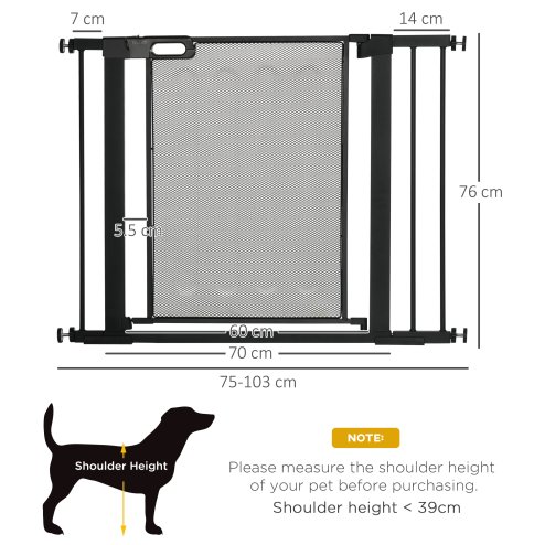PawHut Pressure Fit Safety Gate for Doorways and Staircases, Dog Gate w/ Auto Closing Door, Pet Barrier for Hallways w/ Double Locking, Openings 75-103CM - Black
