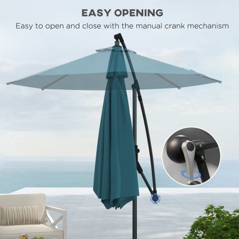 Outsunny 3(m) Cantilever Parasol with Cross Base, Banana Parasol with Crank Handle, Tilt and 8 Ribs, Round Hanging Patio Umbrella for Outdoor Pool, Garden, Balcony, Blue